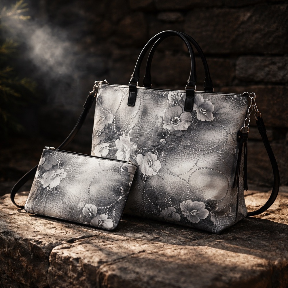 Sharif Floral Black and Gray Women's Tote Bag Set NEW